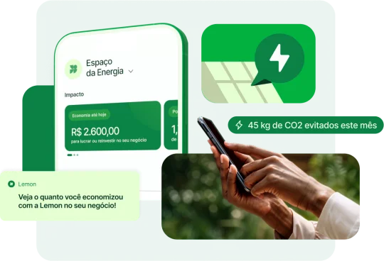 Aplicativo da Lemon Energia em fundo verde, destacando o impacto econômico e ambiental dos clientes