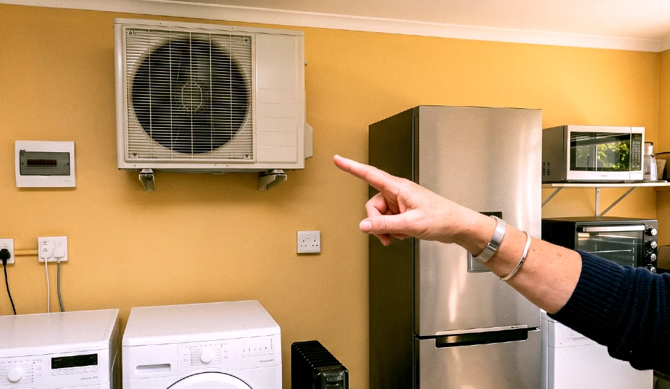 Imagem de um comodo de uma casa com vários aparelhos domésticos e elétricos, como ar-condicionado, geladeira, máquina de lavar, microondas e outros. Na imagem um dedo de uma pessoa aponta para o ar-condicionado.