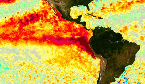 Imagem de um mapa de calor e temperatura com foco no super El Niño de 2026 com intensidade de calor atingindo a America Latina