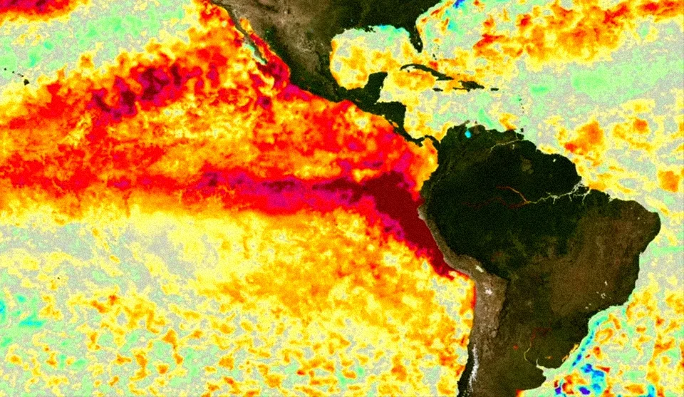 Imagem de um mapa de calor e temperatura com foco no super El Niño de 2026 com intensidade de calor atingindo a America Latina