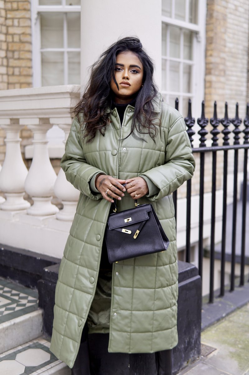 Sachini wearing River Island puffer coat