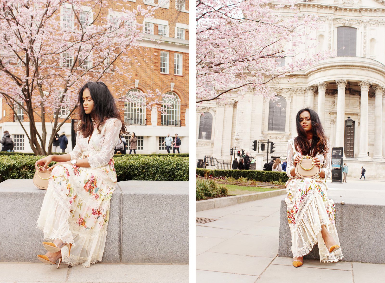 Sachini sitting wearing a floral dress with a Chloé bag