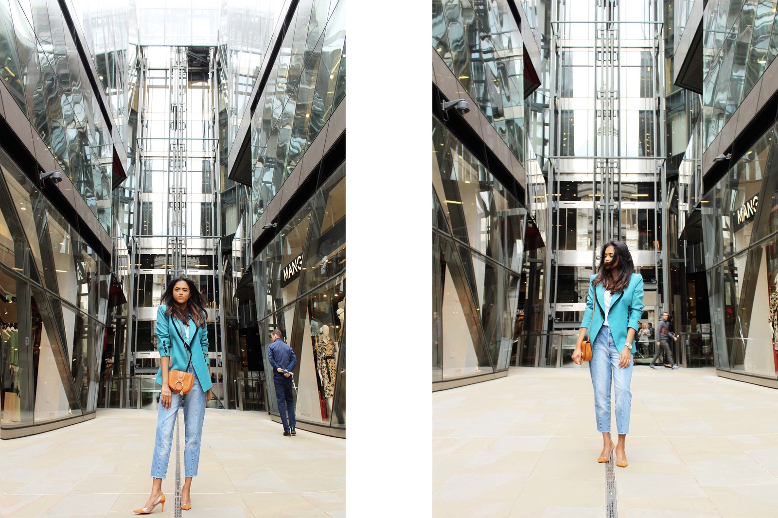 Sachini standing in a shopping street wearing a light blue Fendi vintage blazer, blue jeans and brown Gianvito Rossi heels with a brown handbag
