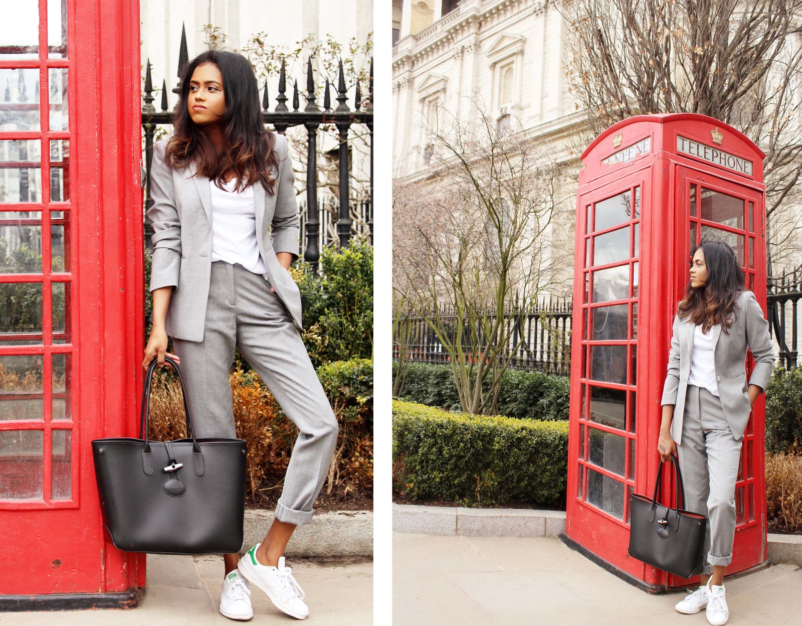 Two pictures of Sachini wearing a grey suit and white Adidas sneakers holding a black bag in front of a red phone booth next to St Paul