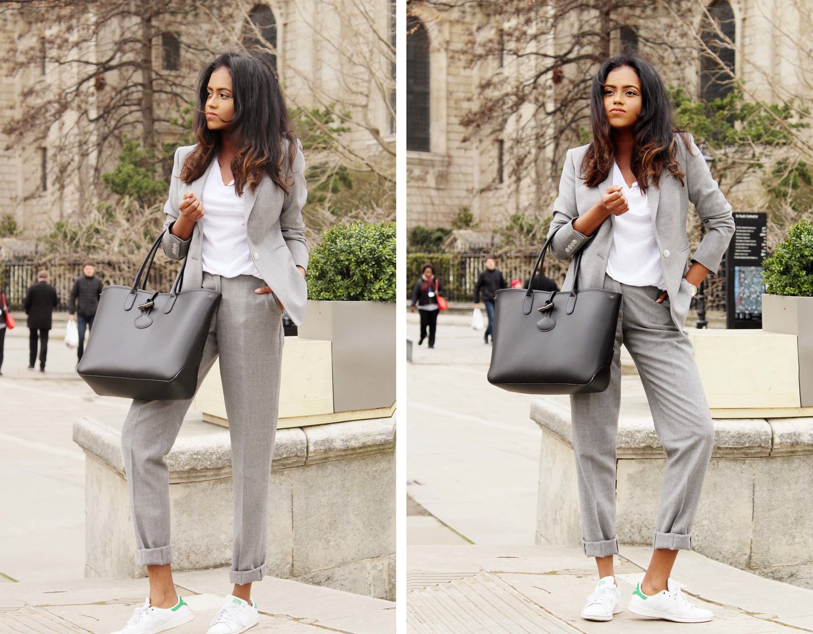 Two pictures of Sachini wearing a grey suit and white Adidas sneakers holding a black bag