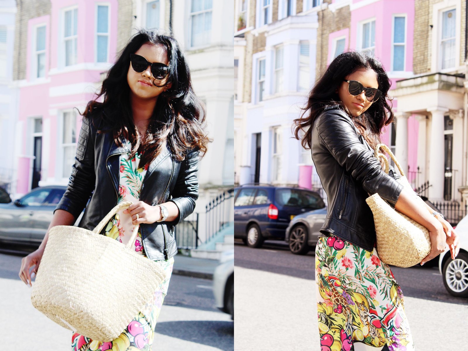 Sachini wearing a black leather jacket and floral dress