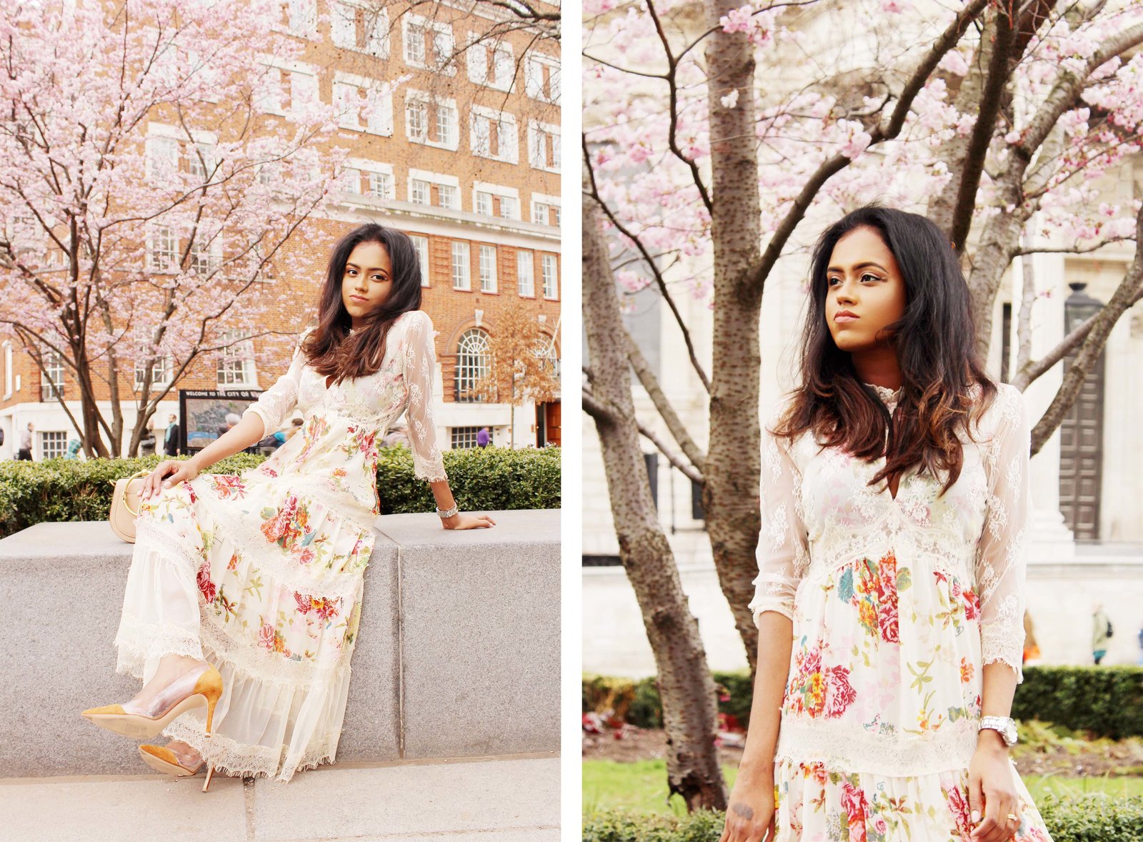 Sachini sitting wearing a floral dress with a Chloé bag