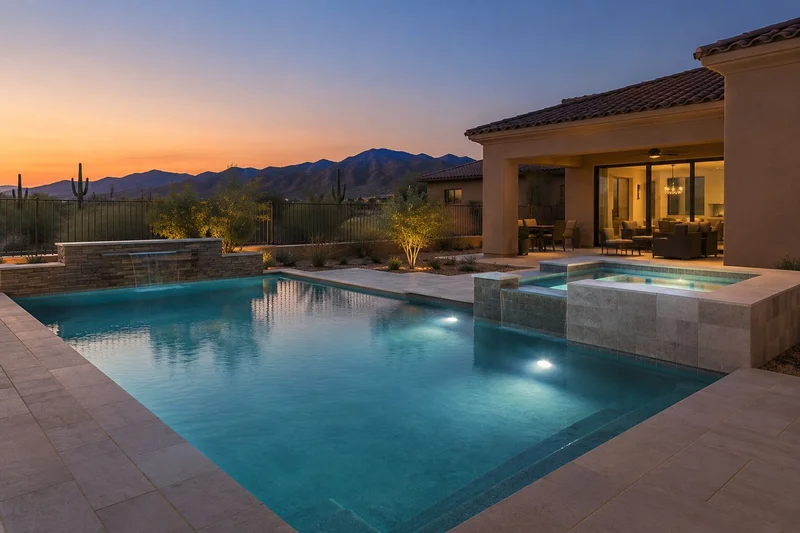 Remodeled pool and spa with a lit stone spa wall at twilight