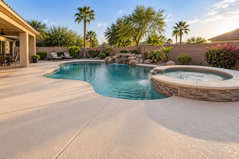 Pool with a rock waterfall and ivory deck beside a palm-lined yard