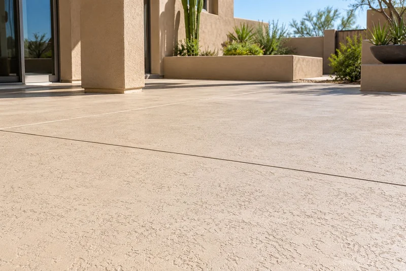 Sunlit patio with a lace-textured concrete finish beside a stucco wall