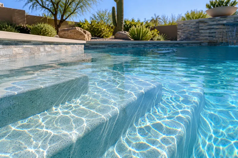 Turquoise pool steps with sunlight patterns on the water