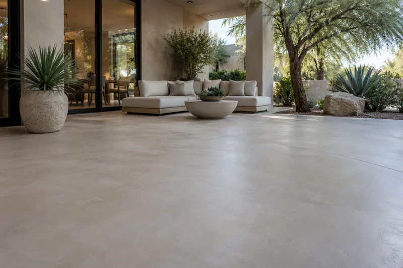 Smooth microcement courtyard patio beside a glass wall and olive tree
