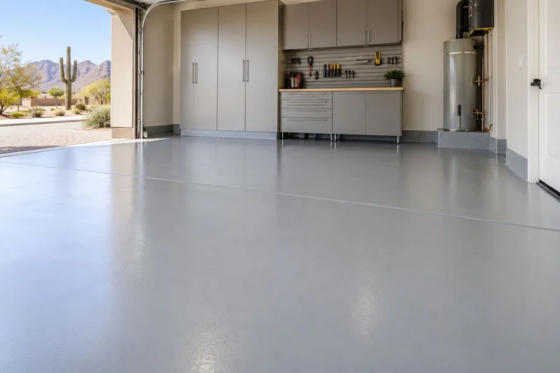 Garage with a smooth satin gray epoxy floor and gray cabinets