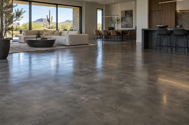 Satin charcoal concrete floor in an open living and dining room