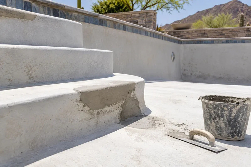 Freshly plastered pool steps with a trowel and mix bucket