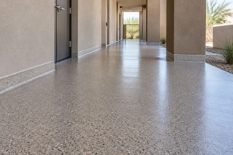Covered corridor with a warm gray quartz resin floor and stucco columns