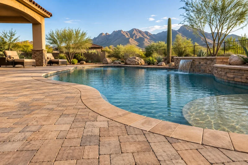 Remodeled pool deck with desert plants, a cactus, and a covered patio