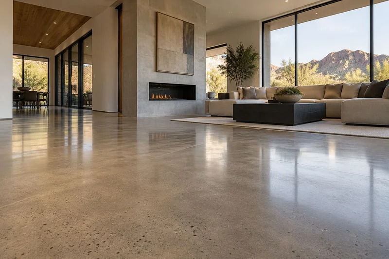Polished concrete living room floor beside a linear fireplace and mountain views