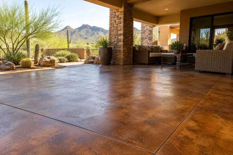 Amber-stained concrete patio under a covered outdoor living area