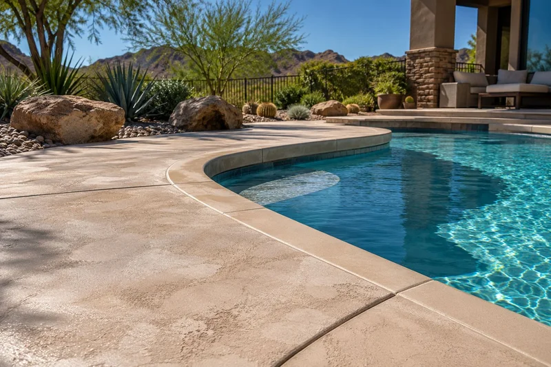 Sandy microtopping pool deck with a textured finish beside a pool