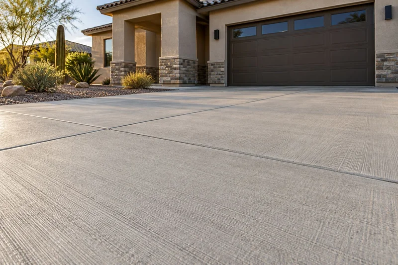 Broom-finished concrete driveway leading to a two-car garage