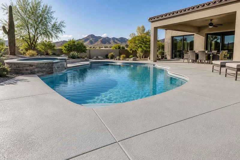 Textured gray pool deck curving around a pool with a spa and boulders