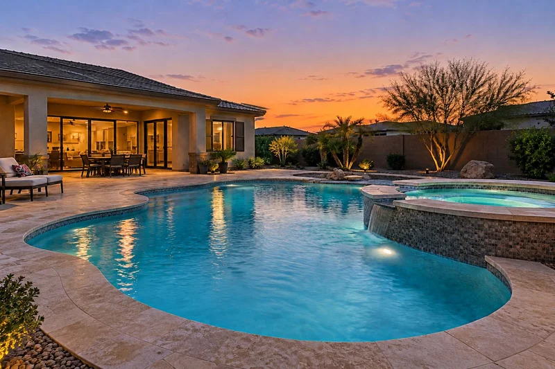 Pool and spa at sunset with a finished concrete deck and mountain backdrop