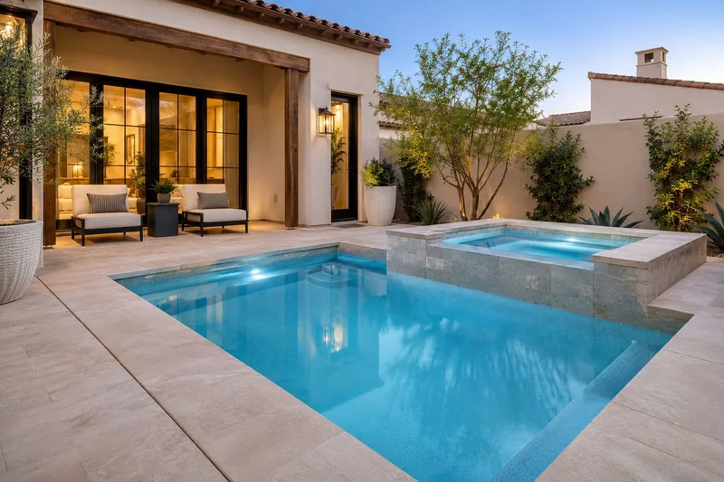 Courtyard pool and spa beside a covered patio at dusk