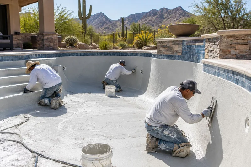 Crew plastering the interior of a pool shell beside a blue-tiled spa wall