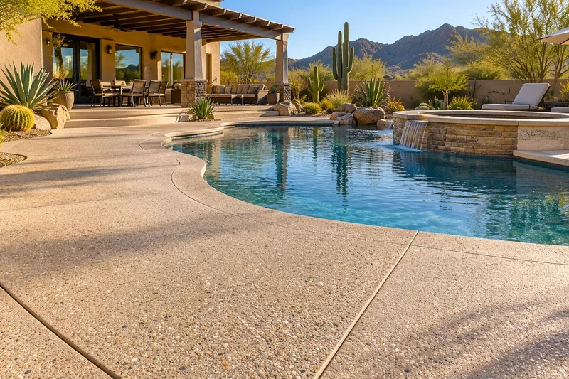 Sunrise light over a remodeled pool deck with a boulder waterfall