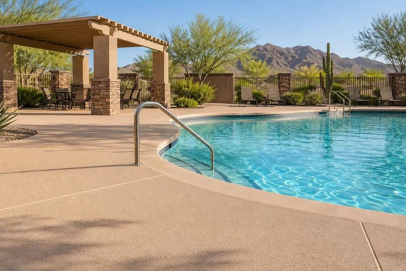 Beige textured community pool deck with a pergola and lounge chairs