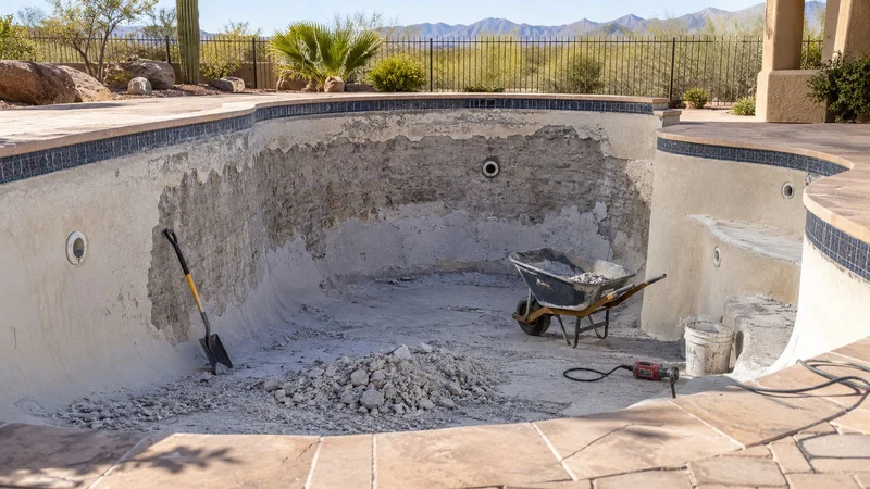 Stripped pool shell with a shovel, wheelbarrow, and rubble during renovation