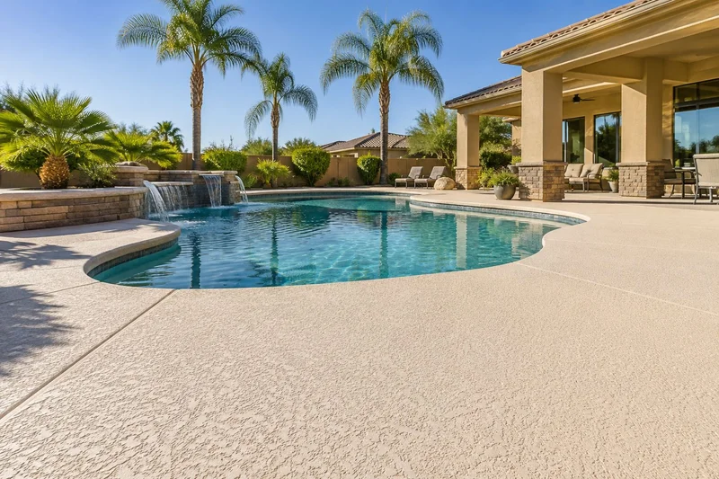 Sunlit pool deck with a spa and lounge chairs beside a patio