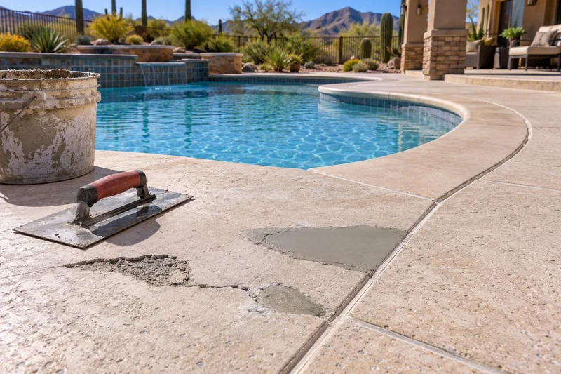 Cracked pool deck patched with fresh cement beside a pool and a trowel