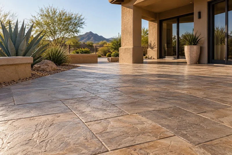 Stamped slate-look concrete patio beside a covered desert home