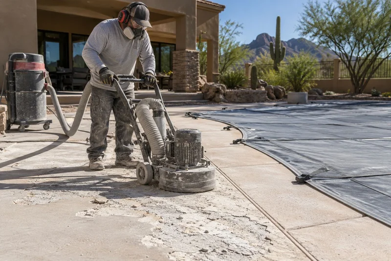 Grinder removing old deck surface beside a pool with a dust vacuum