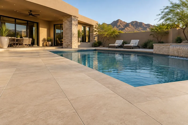 Large-format porcelain pool deck beside a rectangular pool with a wall fountain