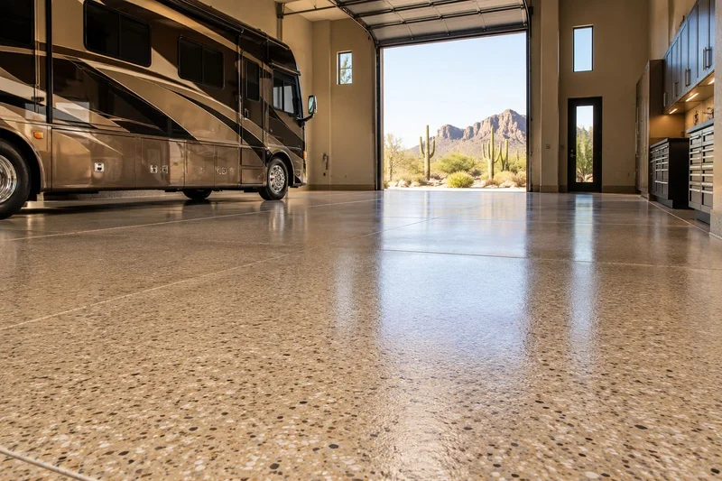 Oversized RV garage with a polished floor opening onto a desert view