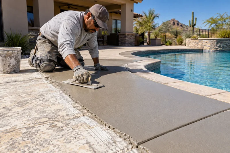 Worker troweling fresh concrete on a pool deck edge beside a pool