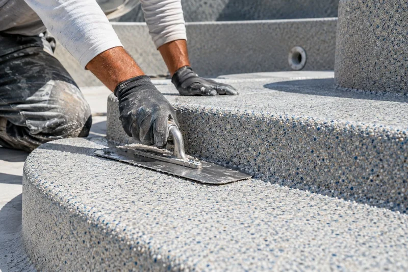 Worker troweling a pebble finish onto pool steps