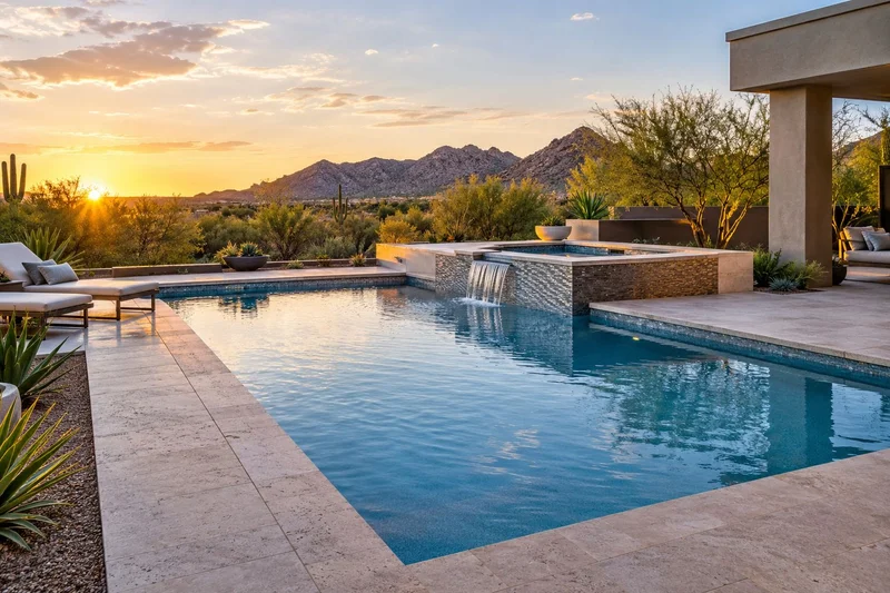 Pool spilling into a lit spa at sunset with a stone wall