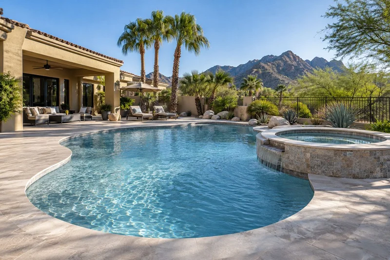 Pool and spa with palms and a mountain backdrop