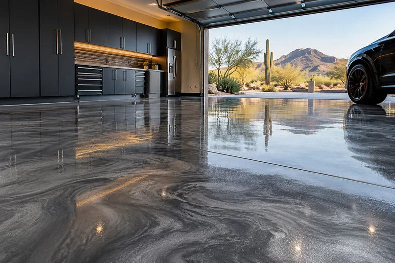 Garage floor with a glossy marbled metallic epoxy finish and black cabinets