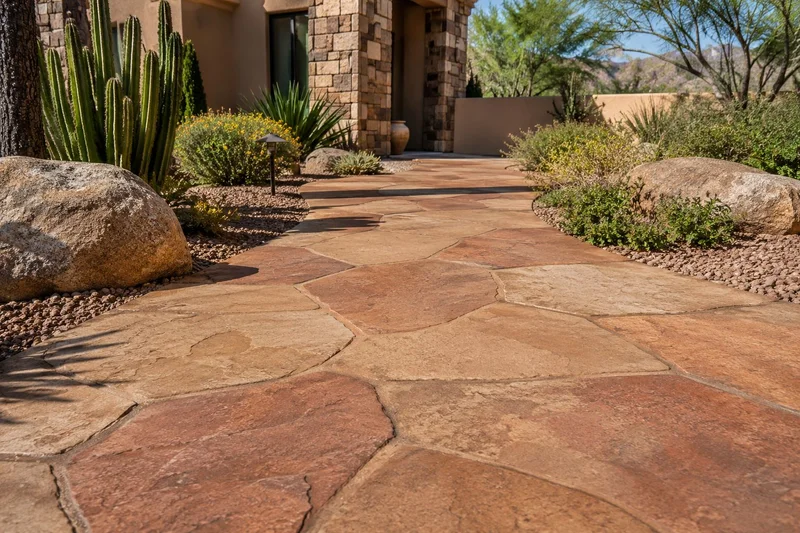 Stamped concrete walkway with a flagstone pattern lined with desert boulders