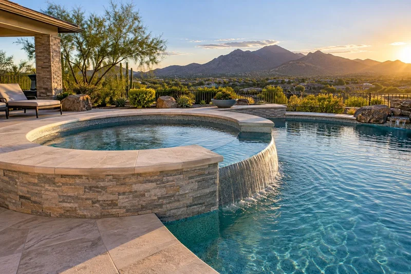 Spillover spa and pool at sunset beside a stacked stone wall