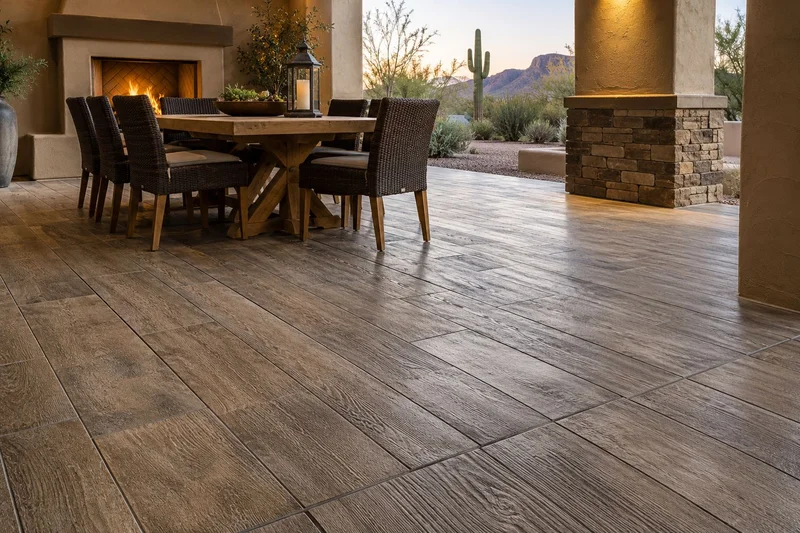 Stamped concrete patio with a wood-plank pattern beside an outdoor fireplace and dining set