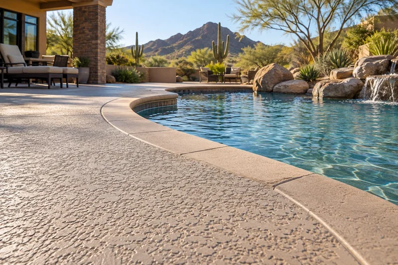 Pool deck with a spa and cactus in warm desert light