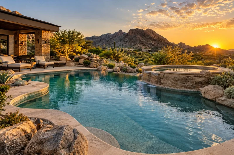 Freeform pool with a spa and boulders at golden hour