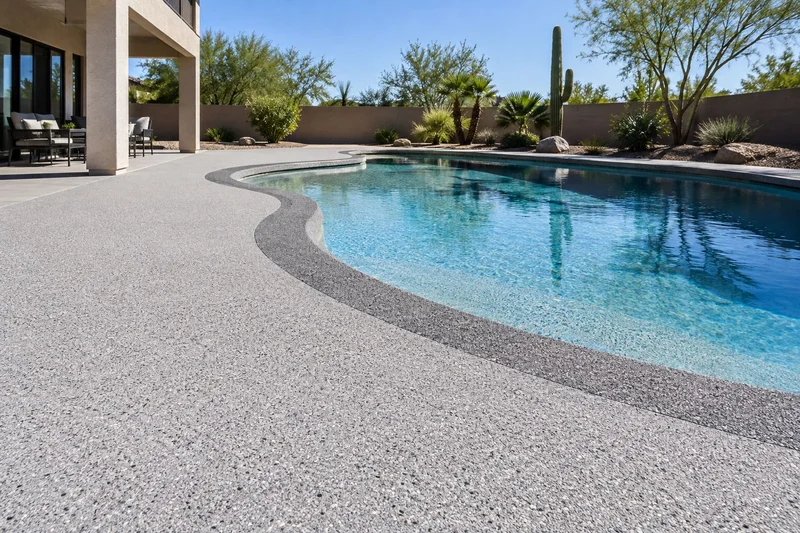 Speckled slip-resistant deck around a pool with a spa and waterfall