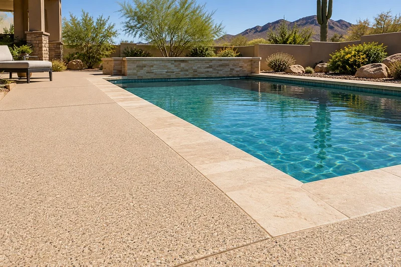 Seamless pool deck with a curved edge beside a spa and boulders